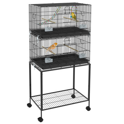 Lovebird Cage Stand - Versatile Design Wooden Swing, Rope , Wheels, Removable Tray, Storage Shelf For Birds Double Stackable Bird Stand, Food Containers & Wheels. For , Lovebirds, Finches. Steel.