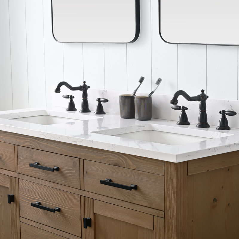 Ensemble de meuble-lavabo simple 42 po Ajiya, Naturel texturé / noir mat, Blanc de Carrare