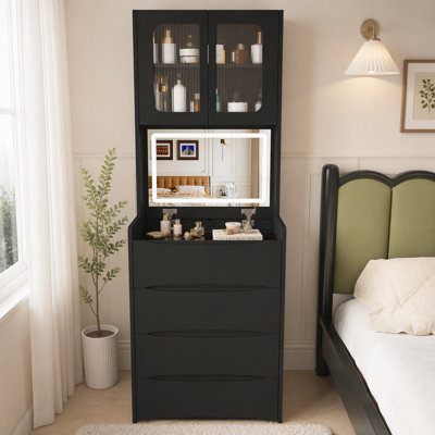 Coiffeuse 3 en 1 avec miroir DEL et tabouret de rangement, table de maquillage rabattable avec éclairage réglable, organisateur de cosmétiques à 5 espaces de rangement, noir
