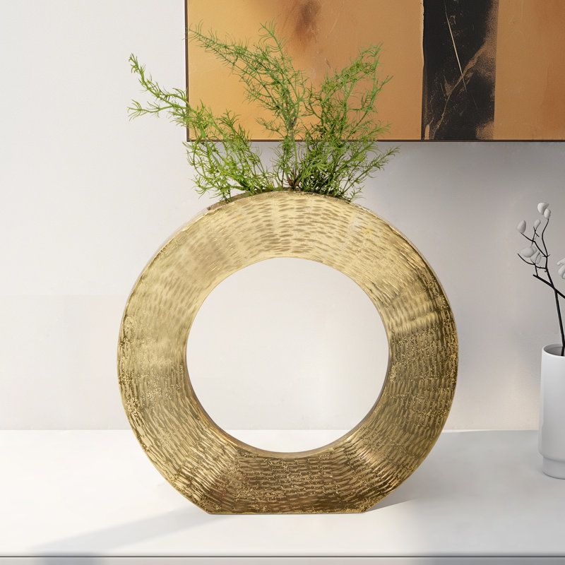 Aluminum Vase with Circular Cut-Out Design and Textured Surface., Gold, 11" H x 12" W x 2.25" D