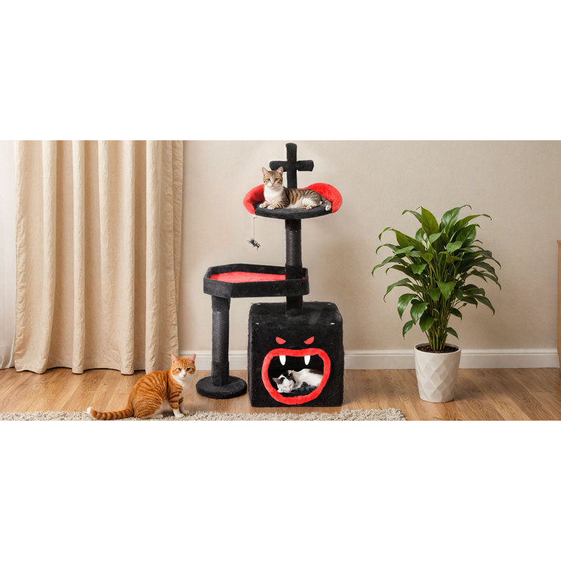 Gothic Black and Red Velvet Cat Tree Tower with Scratching Post