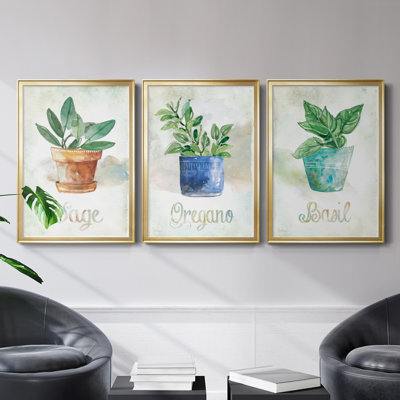 Basilic en pot - ensemble de 3 peintures sur toile encadrées