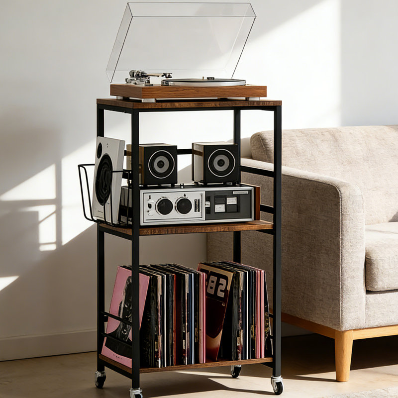 Support de tourne-disque à 3 niveaux de style rétro avec rangement en vinyle et roues verrouillables