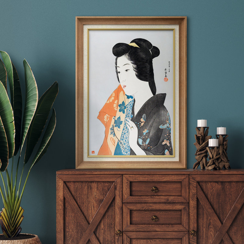 Illustration d'une jeune femme japonaise avec miroir à main Ukiyo-e, H 36 po x l 26 po x P 1,5 po, Natural Premium Frame