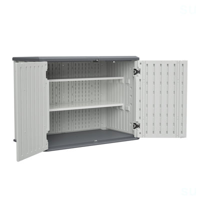 Horizontal Storage Shed With Removable Shelf, Large Lockable Outdoor Storage Cabinet, Weather-Resistant HDPE Plastic Storage Unit For Backyard, Patio, Garden – 28 Cu.Ft