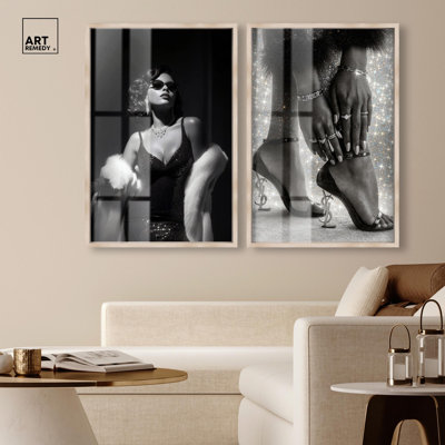 Ensemble d'art mural rétro rétro avec glamour et boîte-cadre, par Art Remedy, cadre blanc, 24 x 36