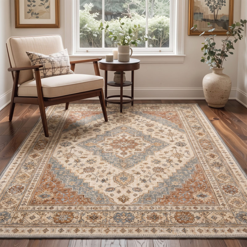 Tapis oriental ivoire / beige lavable à la machine avec envers antidérapant, Rectangulaire 8 pi x 10 pi
