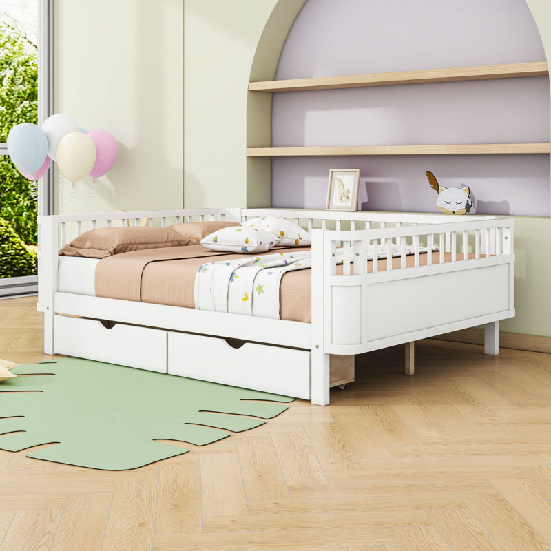 Wood Platform Bed With Rails, Full, White