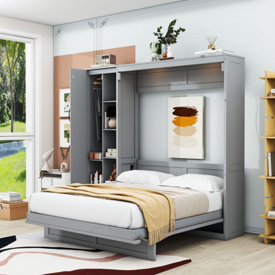 Full Murphy Bed Wall Bed with Shelves, Wardrobe and LED Lights