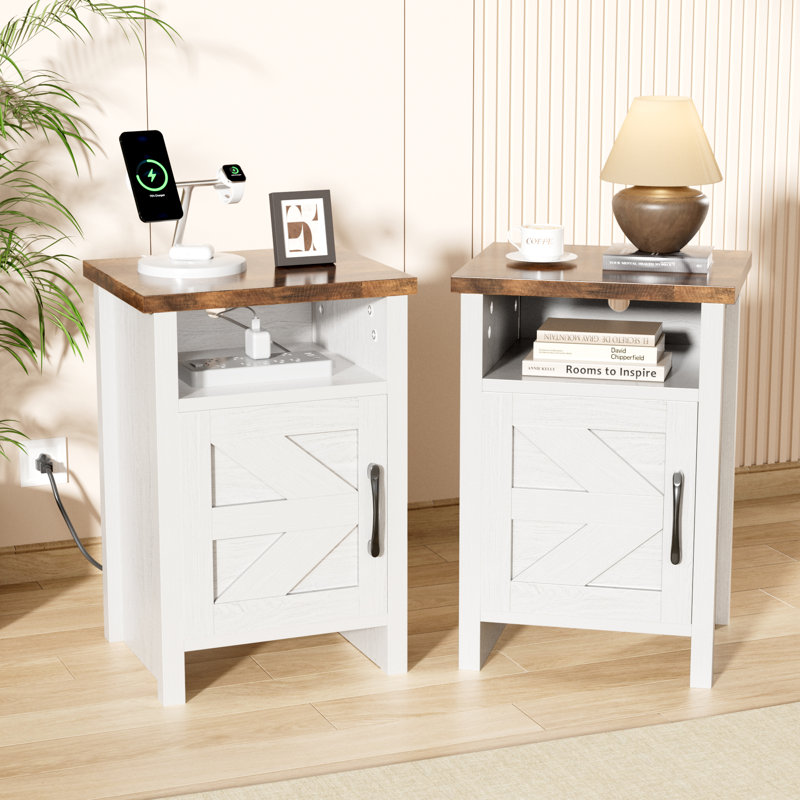 Farmhouse Modern Nightstand with Shelf and Barn Door, White, Set of 2