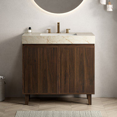 Meuble-lavabo LULA 91 cm (36 po), meuble autoportant, comptoir en pierre frittée couleur crème veinée or et lavabo en céramique avec 3 trous prépercés pour robinetterie, démonté, robinetterie et bonde non inclus, couleur noyer.