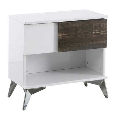 Kentot 15.75 In. White/Oak Rectangular Wood End Table With Hidden Storage Drawers And Chrome Base