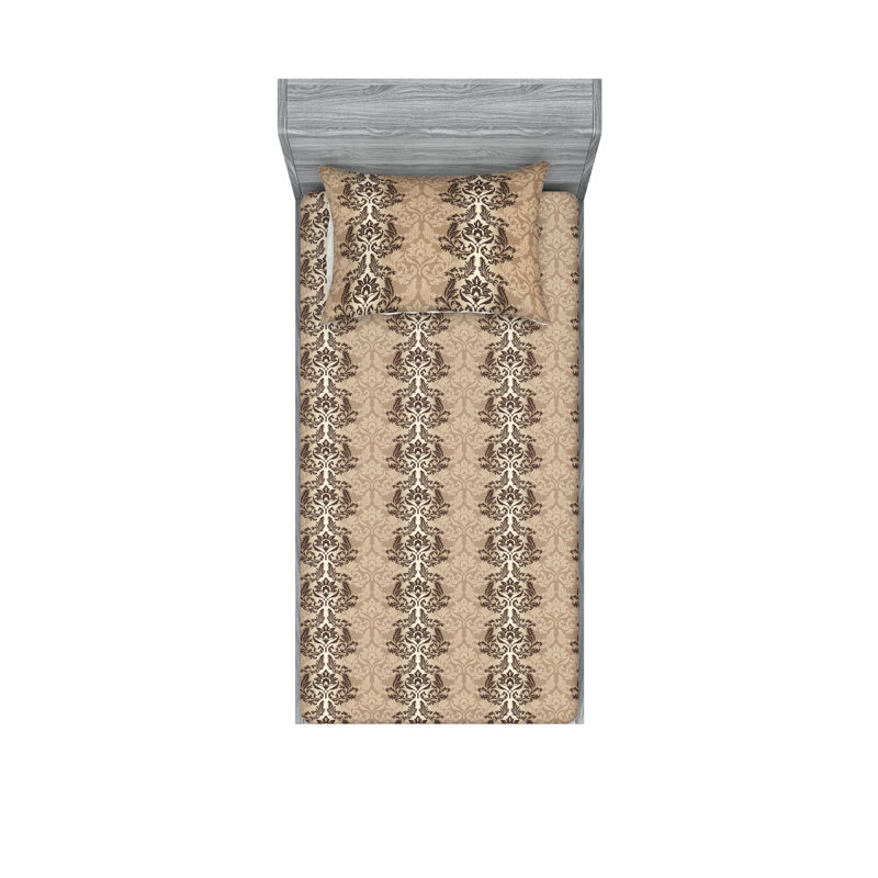 Ambesonne Fitted Sheet & Shams, Twin Sheet Set with 1 Pillowcase, Pastel Brown/Chocolate Flower