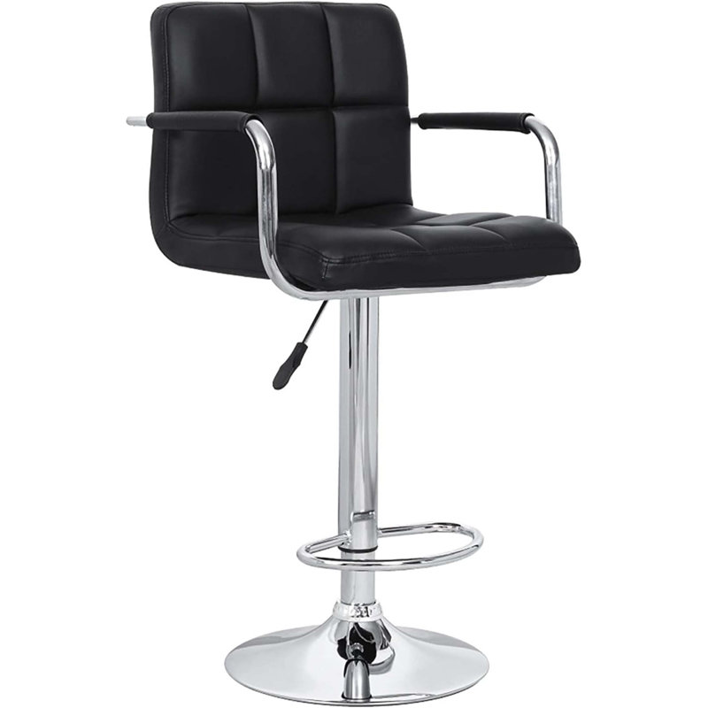 Contemporary Adjustable Swivel Arm Bar Stool With Cushion, Black