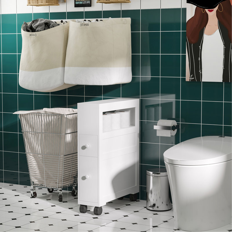 Narrow White Bathroom Cabinet With Rolling Feature And Storage Space Side Frame 45 Lbs Capacity