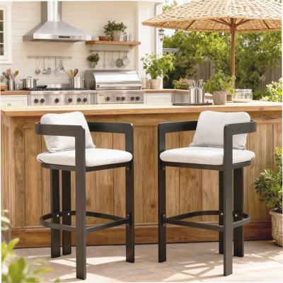 Outdoor Patio Aluminum Counter Stool, Bar Chair, Black Frame With Grey Cushion, Set Of 2