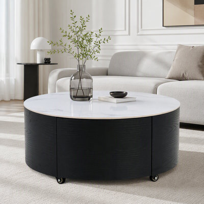Table basse ronde moderne sur roulettes avec plateau imitation marbre