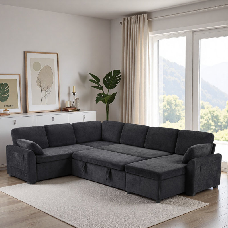 Canapé-lit modulaire convertible avec méridienne réversible, poches de rangement et dispositifs de chargement, Chenille noir