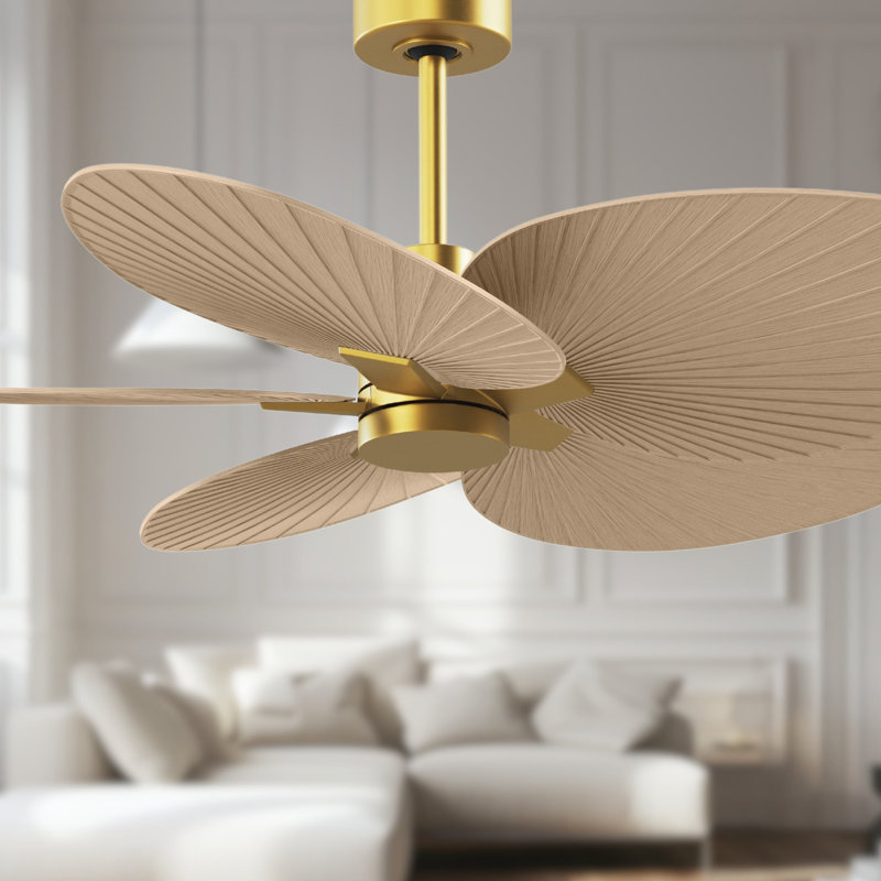 Alessandra Tropical - Five Blade Ceiling Fan - Matte White Finish - Matte White Blades, Brushed Brass, Light Maple Tone