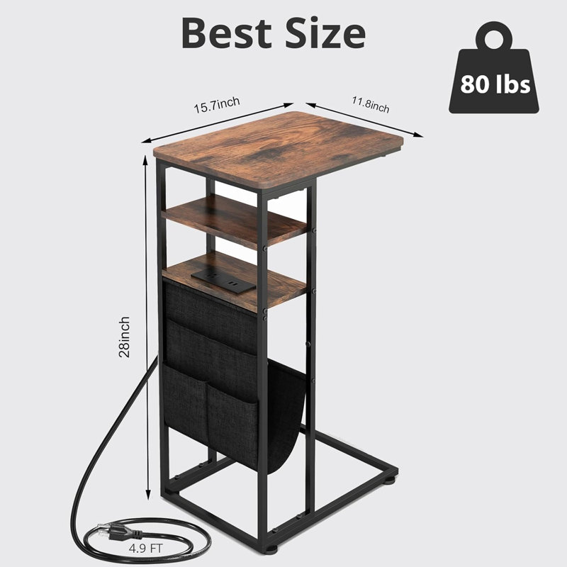 C Shaped End Table for Couch, C Shaped Side Table with Storage Bag, C Table for Sofa with 2 Storage Shelf, Black With Socket