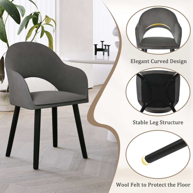 49.5cm H Luxury Fabric Upholstered Dining Chair with Wooden Legs, Dark Grey Velvet/Black, 2