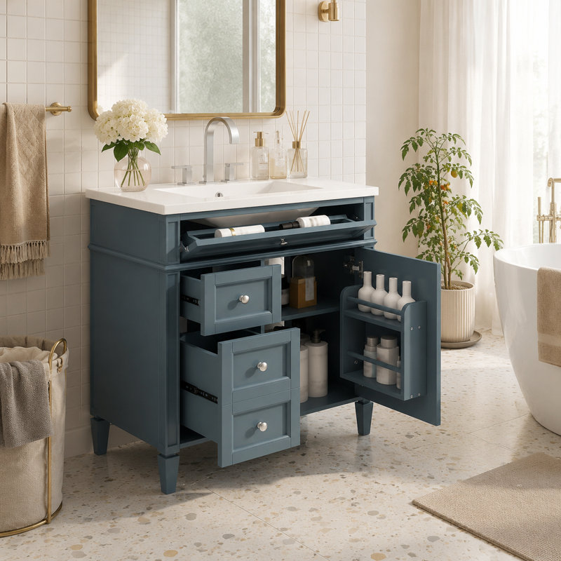 Meuble-lavabo autoportant bleu sarcelle discret avec robinet chromé et lavabo en céramique blanche
