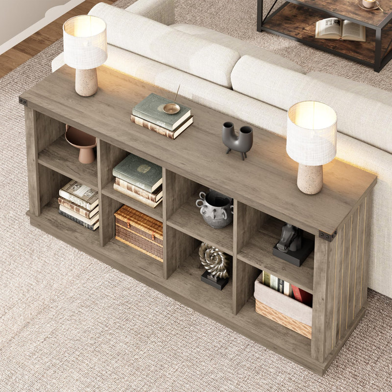 3-Tier 8-Cube Wooden Storage Organizer, 63" Long Low Farmhouse Bookshelf for Entryway, Living Room, or Bedroom, Grey