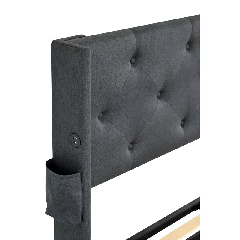 Lit double pleine grandeur avec vérin à gaz, tête de lit à oreilles moderne, hublots, revêtement en lin gris foncé, rangement à soulever sans sommier, tête de lit à oreilles, rembourrage en mousse, revêtement