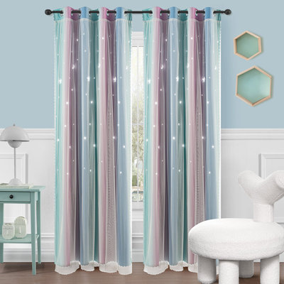 Double Layer Hollow Star Blackout Curtains for Kids Bedroom, Gradient Rainbow Window Curtains with Sheer Overlay, Grommet Thermal Insulated Room Darkening Drapes for Girls Nursery Living Room, 2 Panels