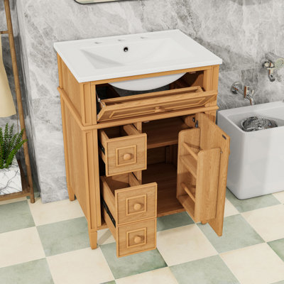 Meuble-lavabo autoportant en bois avec lavabo en céramique, tiroir inclinable, charnières à fermeture en douceur et grand espace de rangement