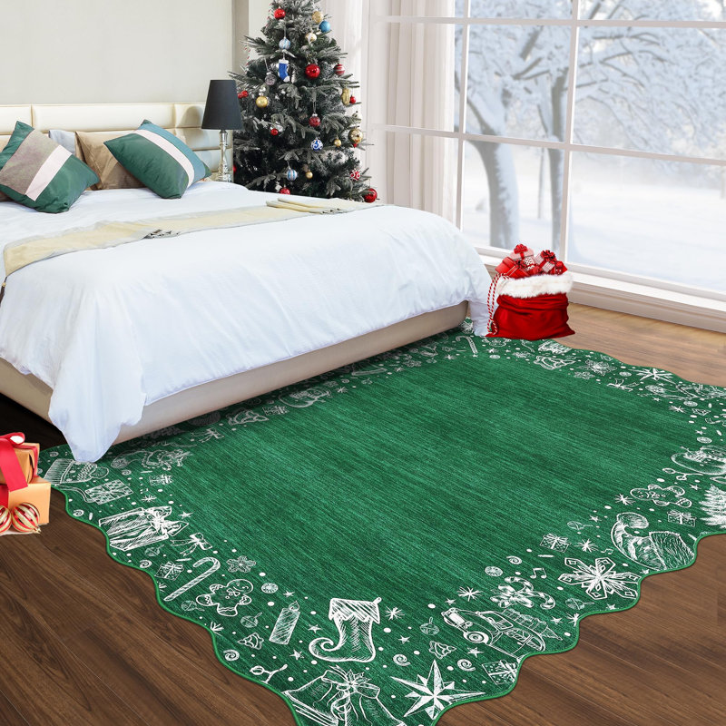 8x10ft Scalloped Christmas Rug Non Slip, Washable Low Pile Non Shedding Xmas Holiday Carpet Indoor Printed Area Rug