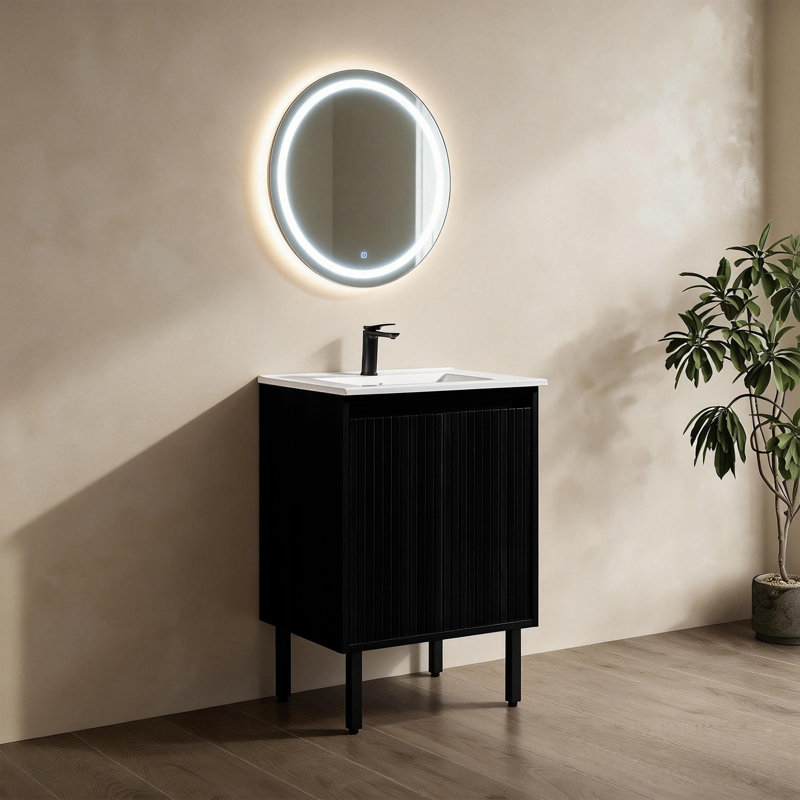 Bathroom Vanity Cabinet with Sink  Wall Mounted Bathroom Vanities with Ceramic Sink Floating Fluted Sink Vanity with Drawers,Modern,
