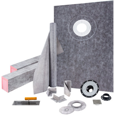 Shower Curb Kit, 38"X60" Watertight Shower Curb Overlay With 4/" ABS Offset Bonding Flange, 4/" Stainless Steel Grate, 2 Cuttable Shower Curb And Trowel, Shower Pan Slope Sticks Fit For Bathro