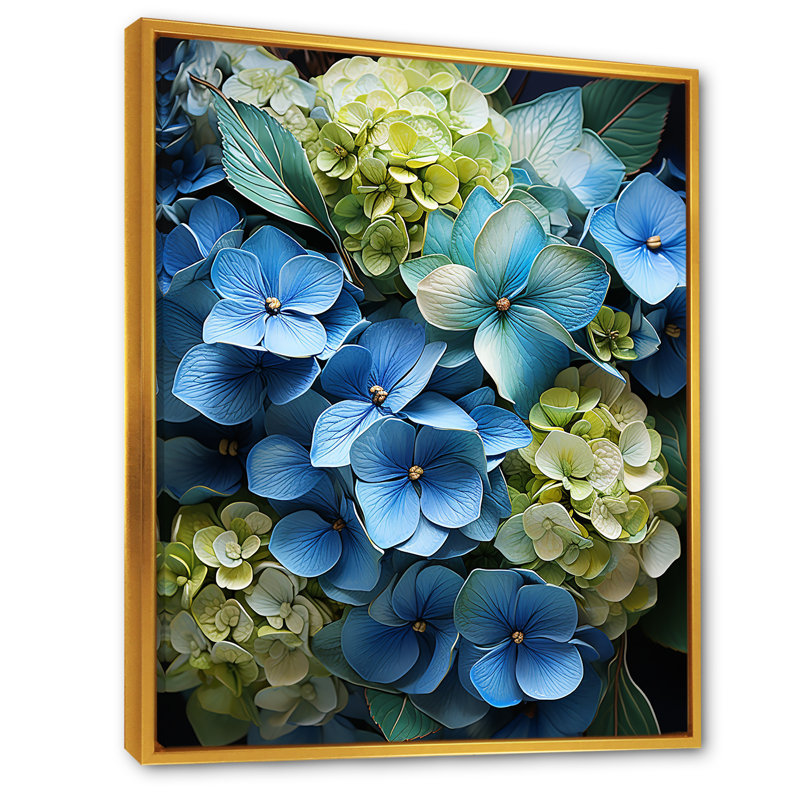 Fleurs d'hortensias méticuleusement rendues, Cadre flottant doré, H 20 po x l 12 po x P 1 po