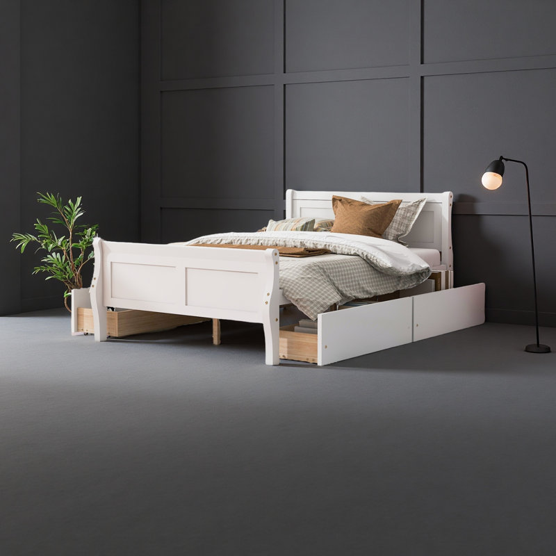 Lit plateforme en bois avec 4 tiroirs et tête de lit profilée, Lit double