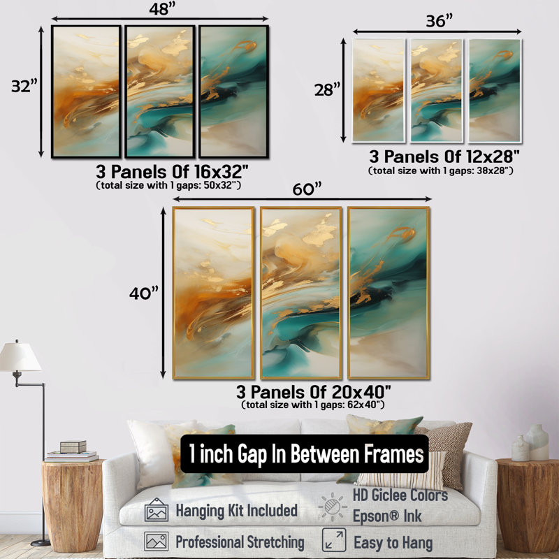 «Golden Sunrise On Turquoise II», ensemble d'art mural abstrait, Cadre flottant brun, H 28 po x l 36 po x P 1 po