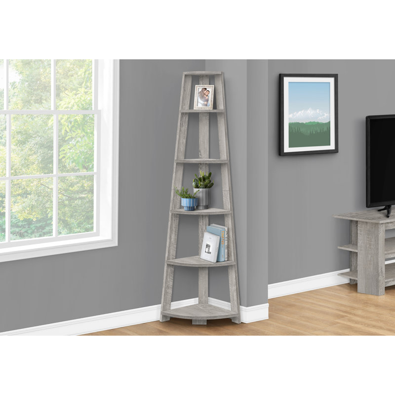 Grey Laminate 5 Tier Corner Bookcase, 72" Tall, Living Room Feature Unit Modern 5 Bookshelf, Height, Decor
