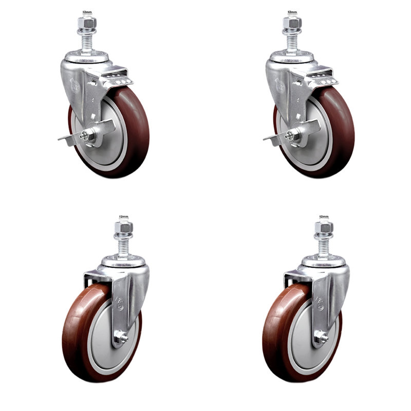 Ensemble de roulettes à tige filetée en polyuréthane marron de 5 pouces et pivotant de 12 mm avec 2 freins