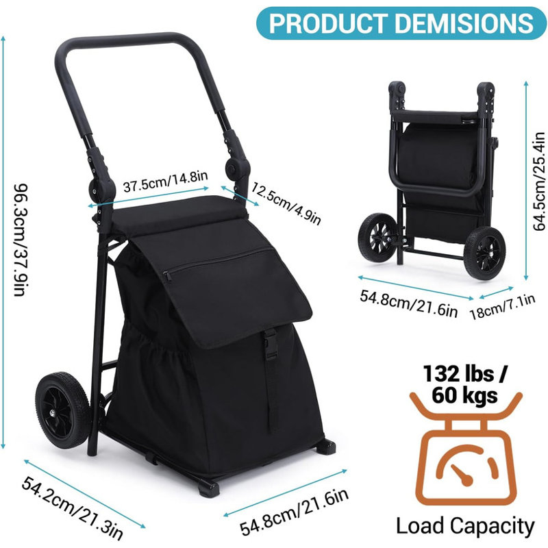 2 in 1 Foldable Shopping Cart, Grocery Cart with Seat, 2 Wheels Grocery Cart with 123 L Large Capacity Waterproof Bag