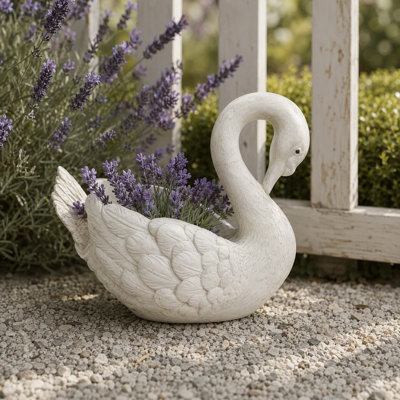 White Resin Swan Planter, Large Decorative Garden Statue