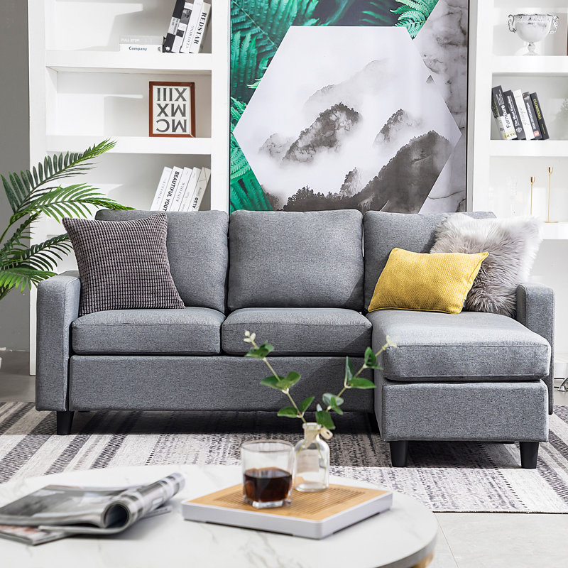 Campbelltown Upholstered L-Shaped Sectional with Ottoman Reversible, Gray Polyester Blend