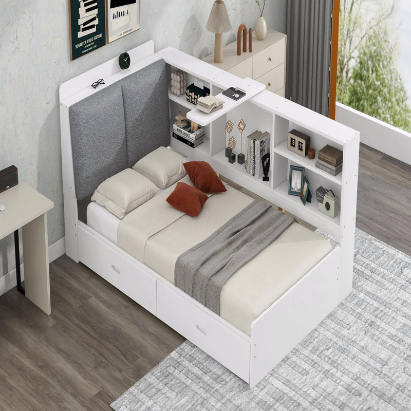 Twin Wood Platform Bed Frame, Storage Headboard, Shelves, 2 Drawers, White