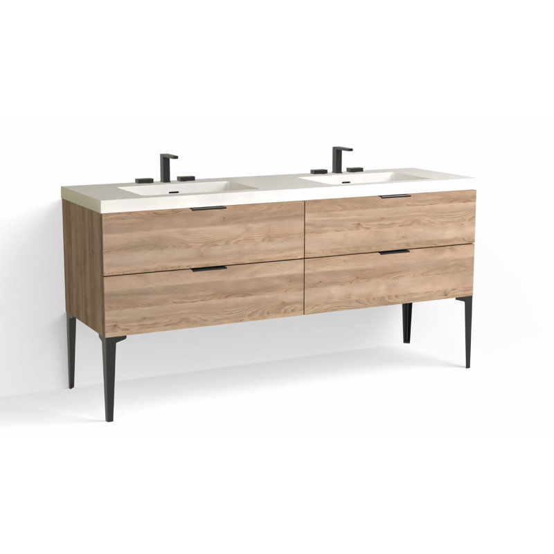 Avila 72" W Freestanding Double Bathroom Vanity with Dean Leg, Gloss White/8" Widespread, Charred, Matte Black