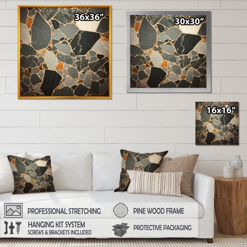 «Gray Abstract Harmony In Tiles III», art mural abstrait, Cadre flottant noir, H 36 po x l 36 po x P 1,5 po