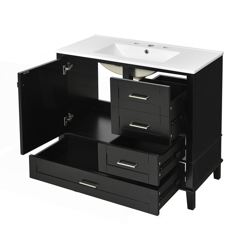 Meuble-lavabo de salle de bain avec 1 porte à fermeture douce et 3 tiroirs, armoire de rangement moderne, Noir