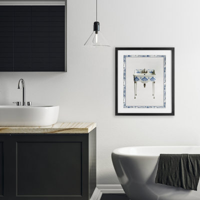 Lavabo rétro chinoiserie, impression sous verre encadrée