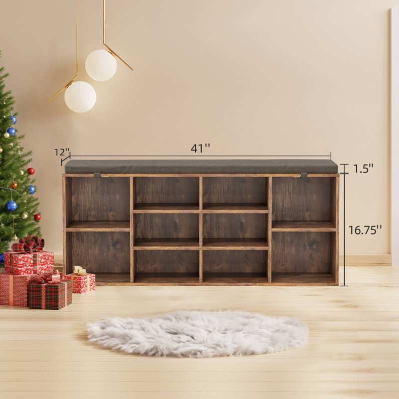 Modern 10 Pair Shoe Storage Cabinet, Shoe Bench with Cushion, Entryway Shoe Rack, Brown