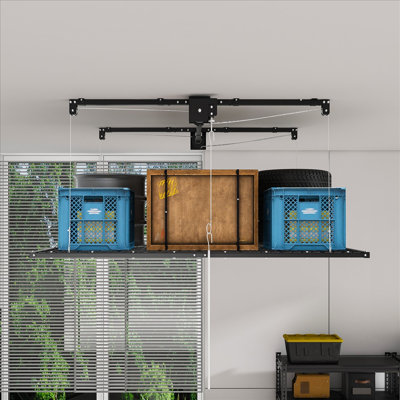 Support de rangement de plafond pour garage suspendu 4 x 8 pi, tablette de rangement robuste tout en acier, capacité de poids de 350 lb, équipé d'un verrou de sécurité, adapté aux plafonds de garage de 10 à 12 pieds de haut, système de rangement de garage à assembler requis