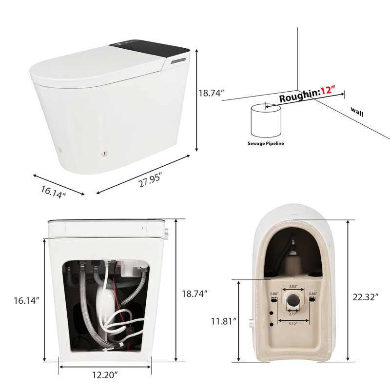 Smart Bidet Toilet, Auto - Open Lid And Flush, Wider Bidet, Warm Water Wash Air Drying, Foot Sensor Activation, Radar Sensing Distance, Washing Modes, Adjustable Temperature, , Dryer Side Memory