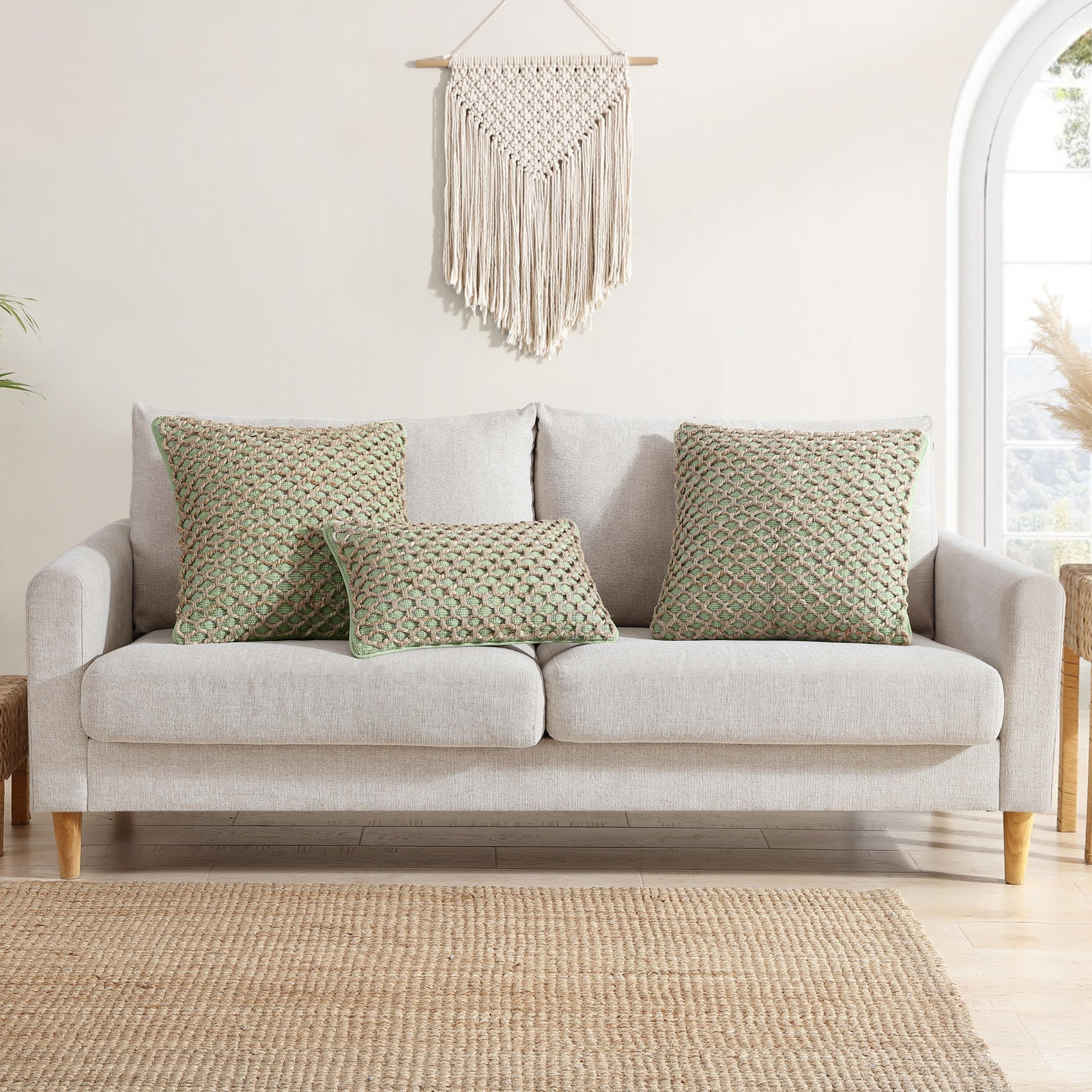 Ablo Textured Cotton Throw Pillow, Sage Green/Natural, Square 20"